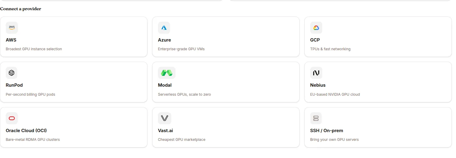 The providers you can connect, from the big clouds to your own SSH hosts