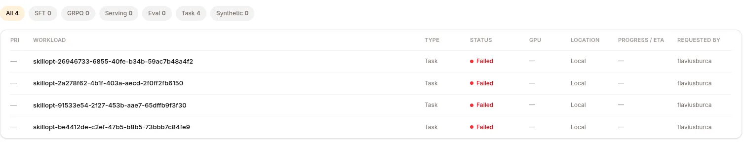 The workload queue, filterable by job type, with status and location per workload
