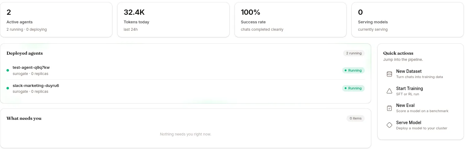 The Develop dashboard, where the deployed agent shows up once it is running
