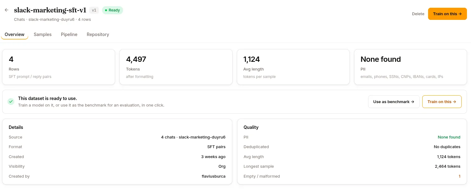 A dataset’s overview: row and token counts, PII scan, and its provenance