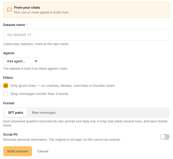 Building a dataset from chats: agents, quality filters, format, and PII scrubbing