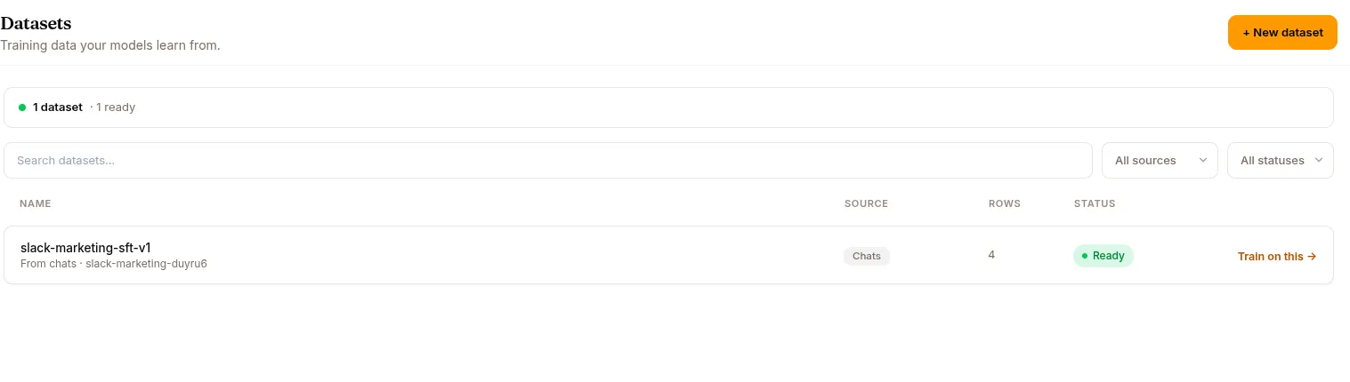 The dataset list, filterable by source and status