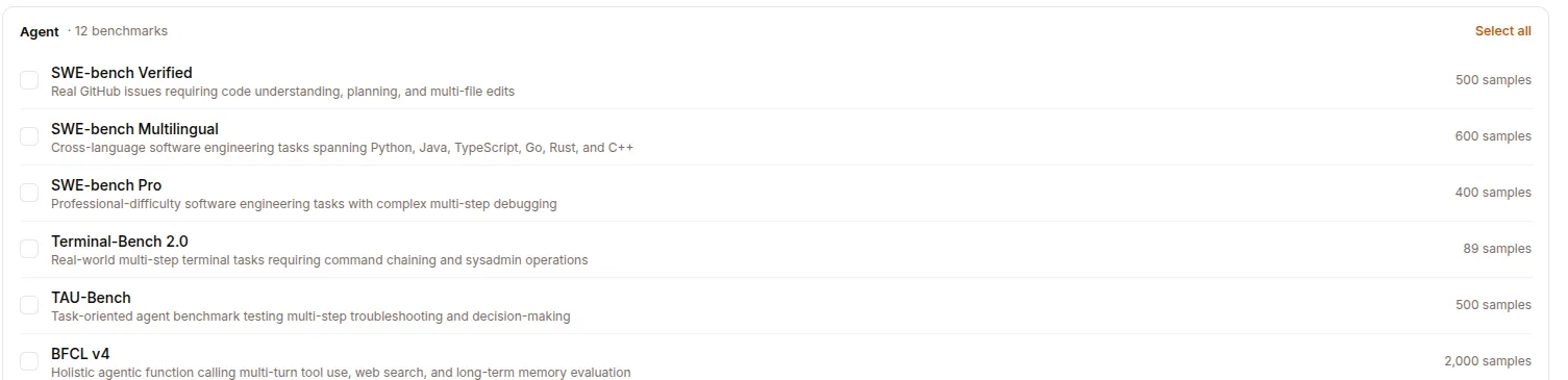Opening a category lists its benchmarks with their sample counts, selectable as a batch