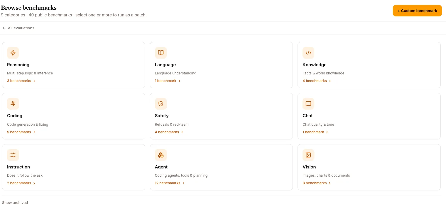 The benchmark catalog, grouped into nine categories