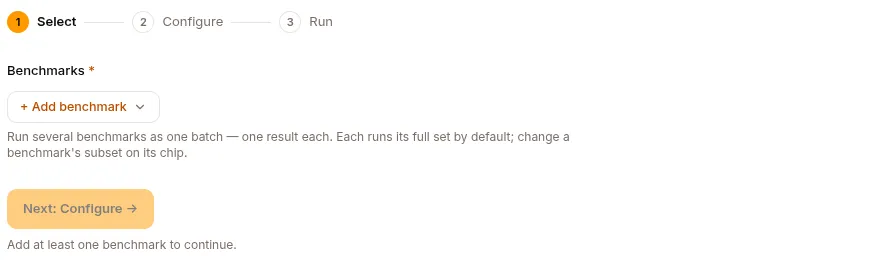 The evaluation wizard: select benchmarks, configure, then run