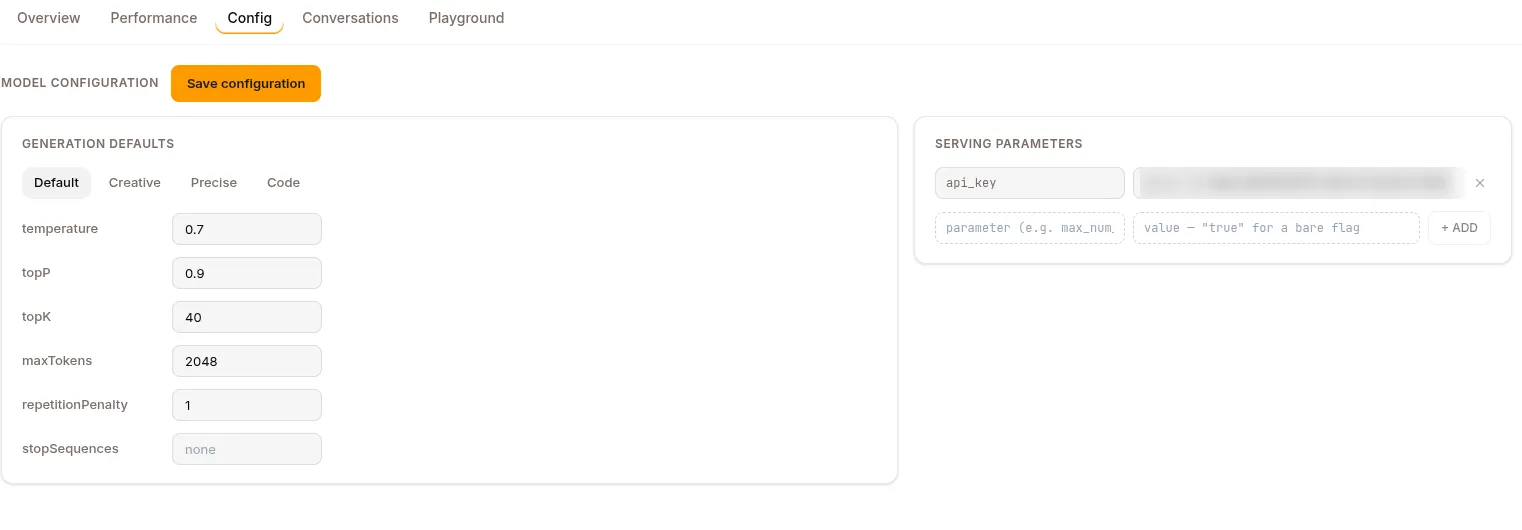 The Config tab: generation defaults with presets, and the serving parameters passed to the backend