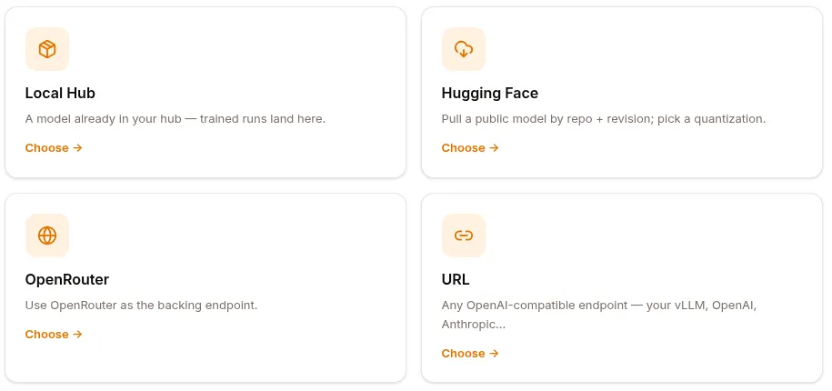Deploying a model: local hub, Hugging Face, OpenRouter, or any OpenAI-compatible URL