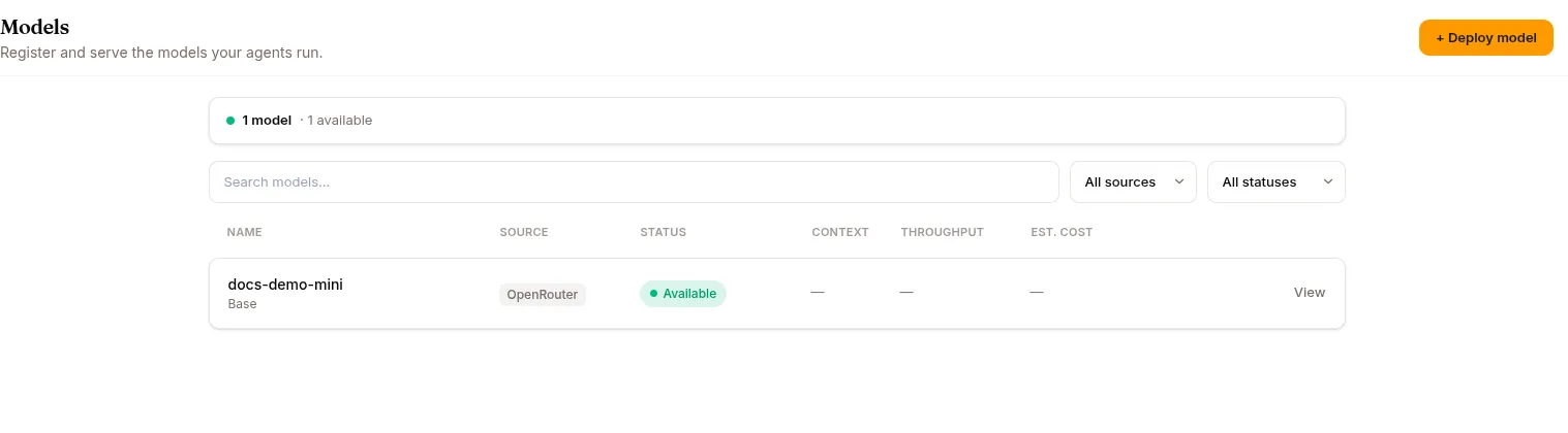 The models list, filterable by source and status