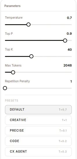 Temperature, top-p, top-k, max tokens and repetition penalty, with presets below