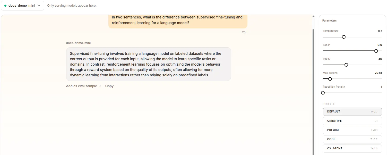 The playground: a served model answering, with the parameters panel beside it