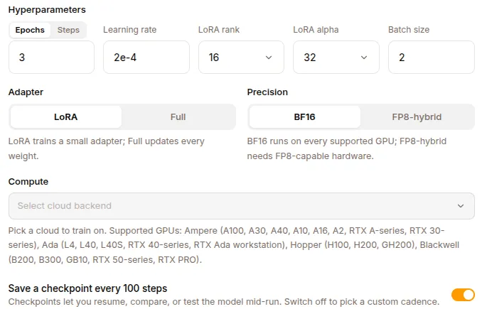 Hyperparameters, adapter and precision, and the cloud backend the run lands on