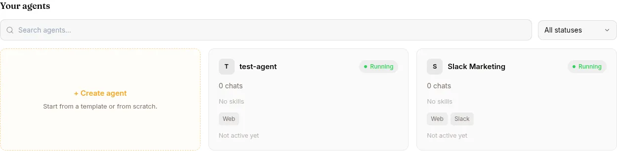 The Agents page in Work mode, with one card per agent showing status, chat count, attached skills and channels