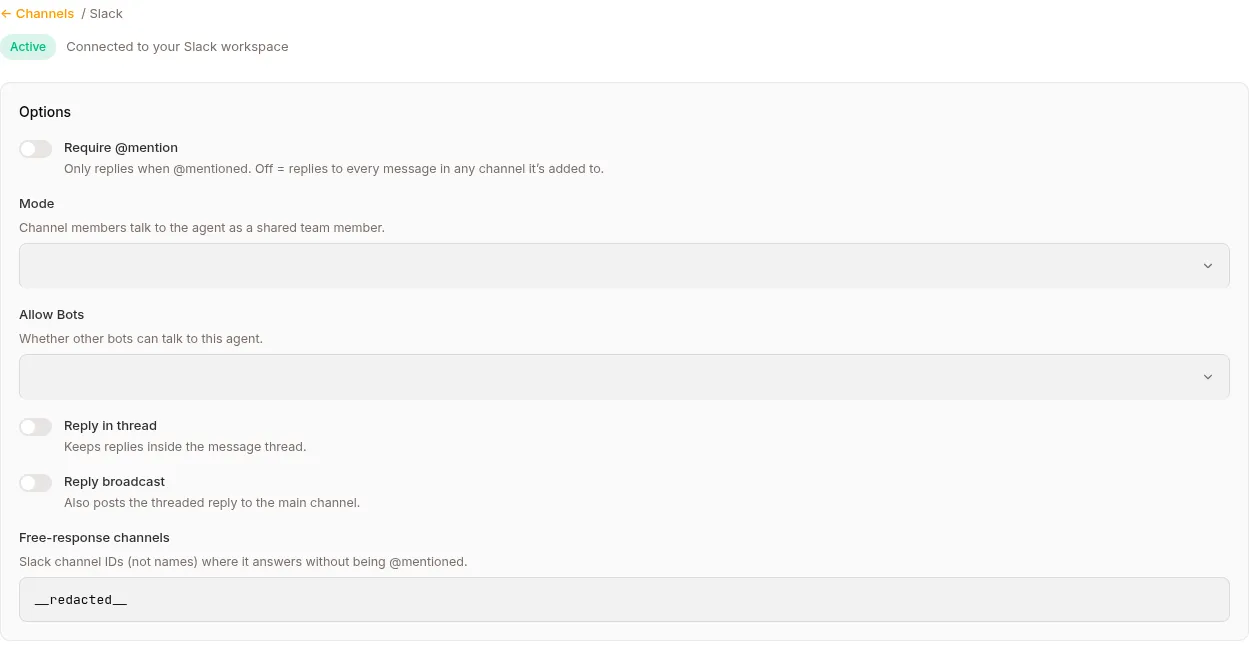 The Slack Manage screen: mention, mode, bot, threading and free-response-channel options