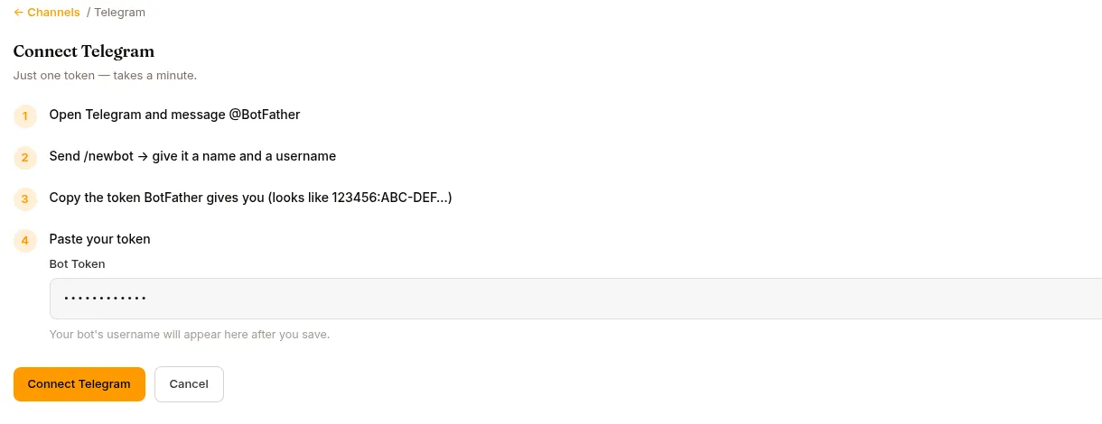 The Connect Telegram walkthrough: create a bot with BotFather, then paste its token