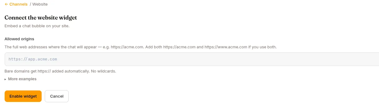 Connecting the website widget: the allowed origins the chat bubble may load on