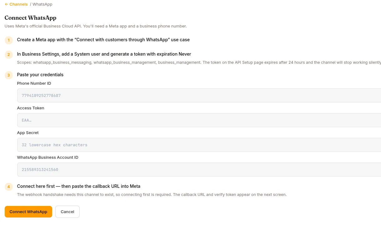 The Connect WhatsApp walkthrough: the Meta app steps and the four credential fields