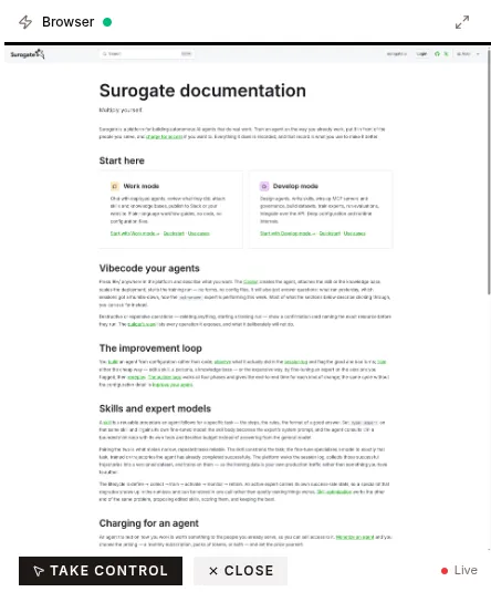The live browser pane, mirroring the page the agent is on, with Take control and Close