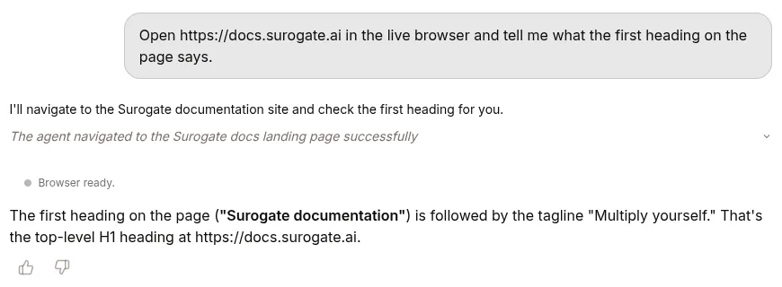 A browsing turn: the agent navigates, the pane reports ready, and it answers from the page
