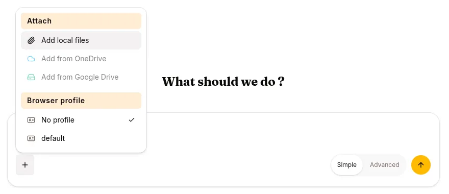 The Add menu, where attachments and the session’s browser profile are picked
