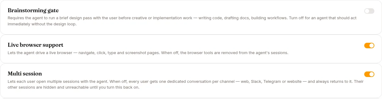 The capability toggles: brainstorming gate, live browser and multi session