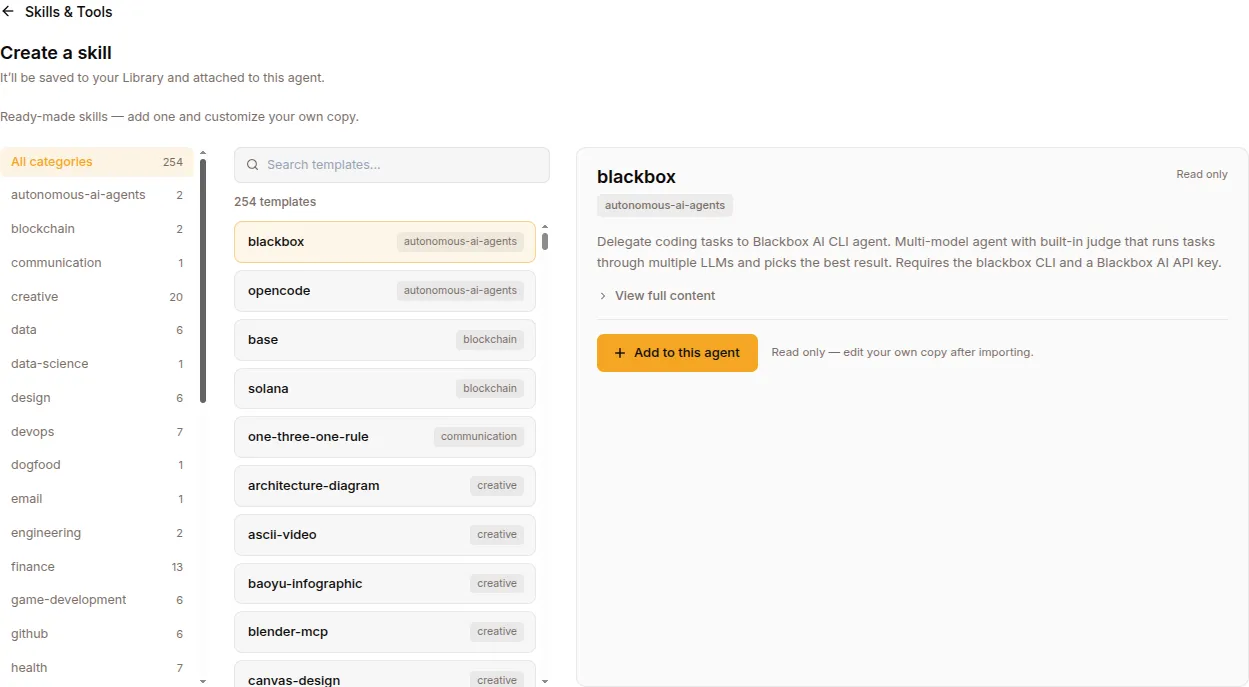 The skill template browser: categories, a searchable list and a preview of the selected skill
