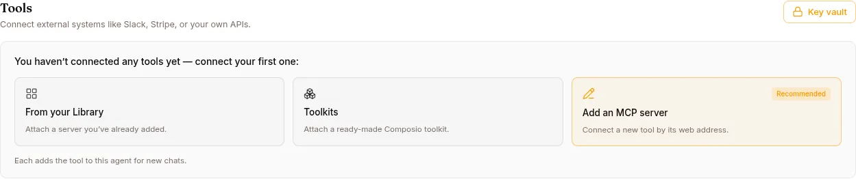 The Tools tab: attach from your library, add a Composio toolkit, or connect an MCP server