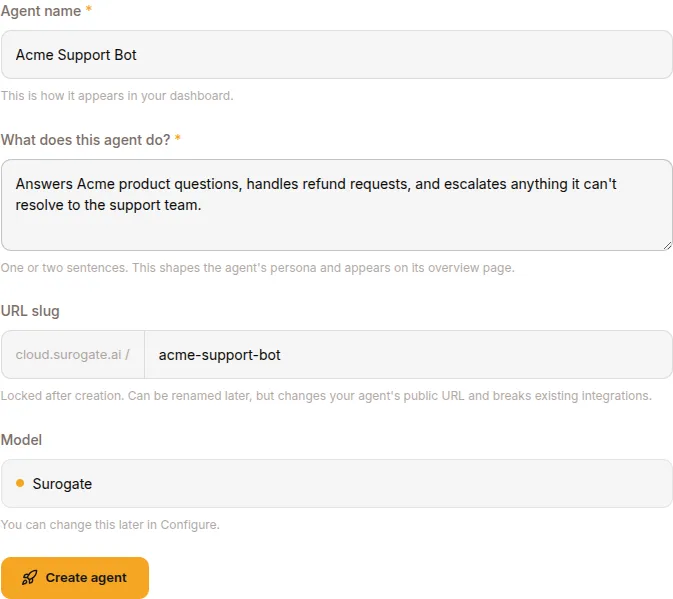 The new-agent form: agent name, what it does, an auto-generated URL slug and the model picker