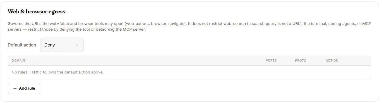The web and browser egress card: a default action plus per-domain rules