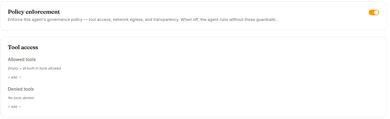 The policy-enforcement switch and the allowed/denied tool lists