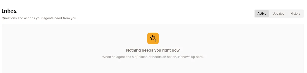 The inbox with its Active, Updates and History views, and nothing waiting