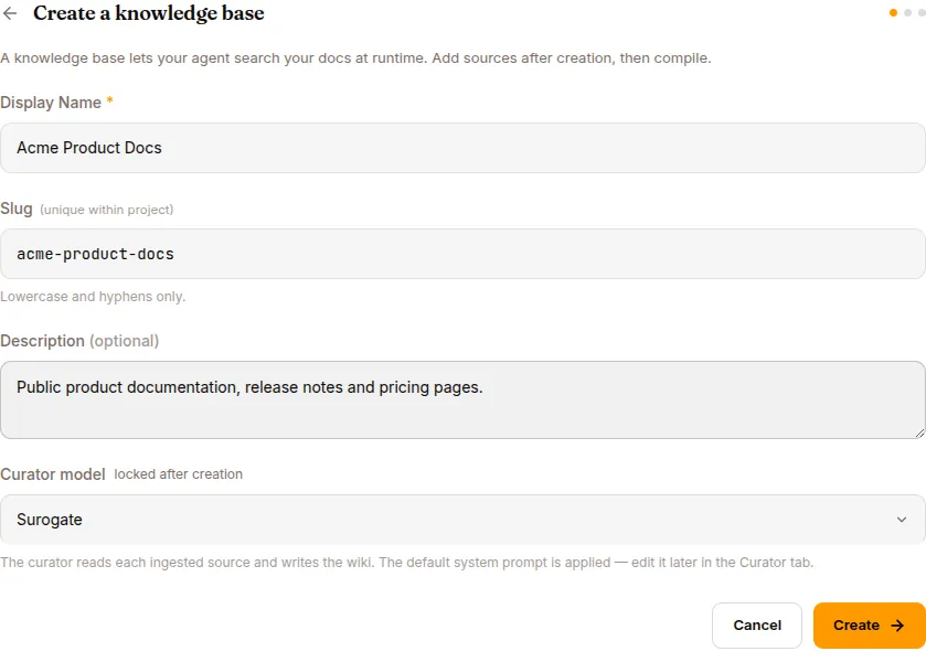 Creating a knowledge base: name, slug, description and the curator model