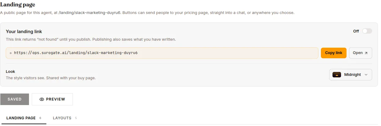 The landing-page link, its publish switch and the look picker
