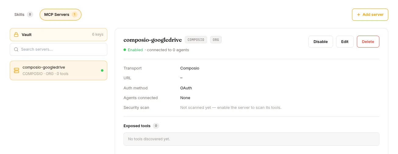The MCP Servers tab: the vault, the server list, and a server’s transport and exposed tools