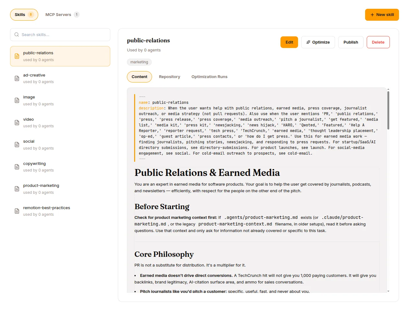 The skills library, with the selected SKILL.md rendered beside the list