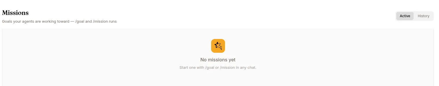 The Missions page, listing the goals and missions an agent is working toward