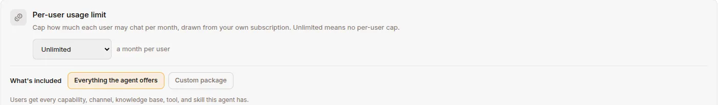 The per-user usage cap and the What’s included package selector