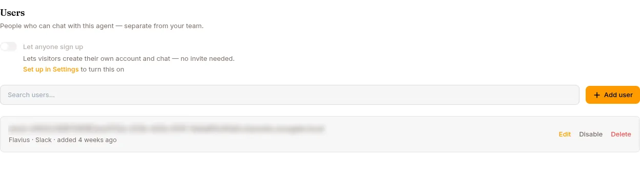 The Users tab, where Let anyone sign up turns self-registration on for one agent