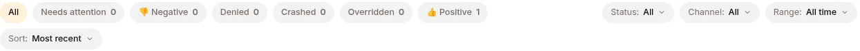 Session filters: quality chips plus status, channel, range and sort
