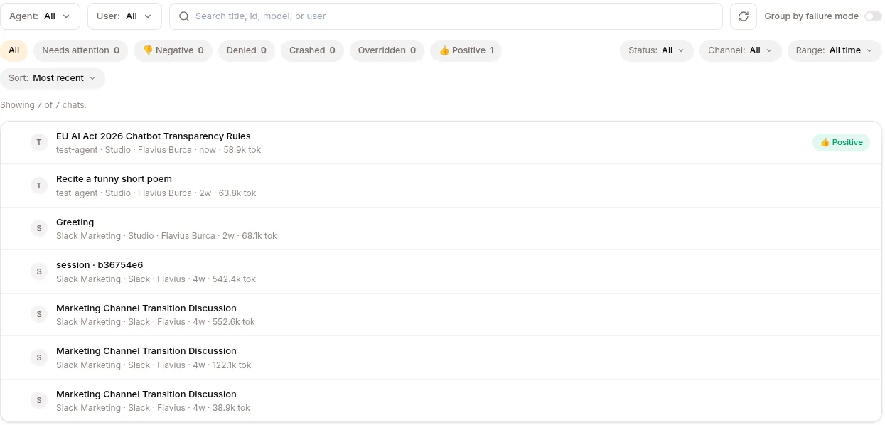 The Sessions list, filtered by quality flags, showing one session marked Positive