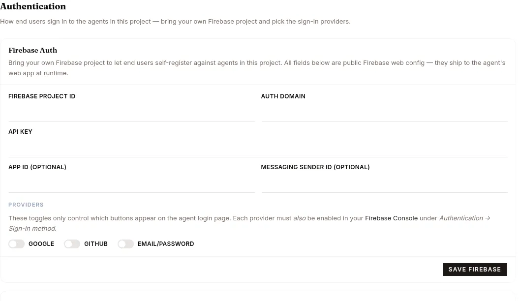 Settings → Authentication: the Firebase web config and the sign-in provider switches