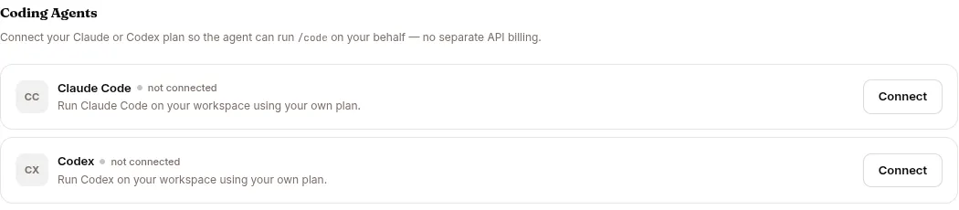 Settings → Profile → Coding Agents, where you connect your own Claude Code or Codex plan