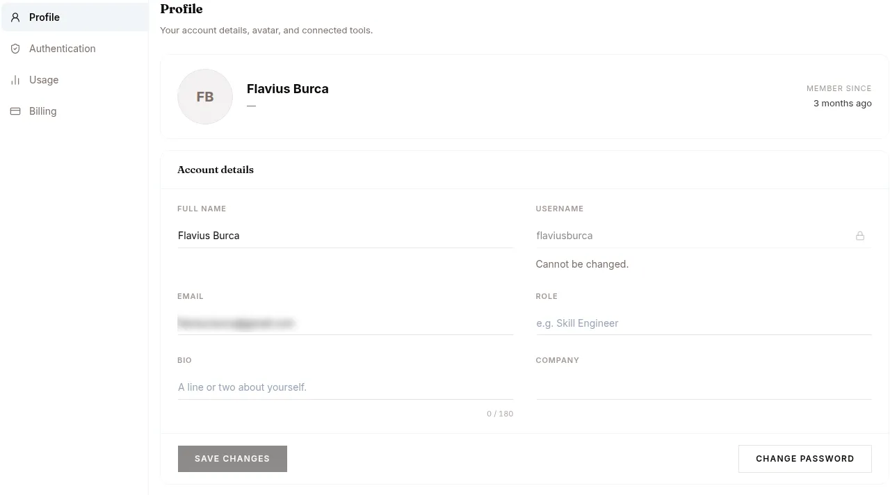 Settings → Profile: account details, with the username locked