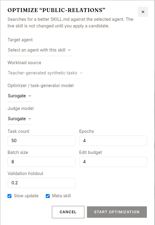 Starting an optimization run: target agent, workload source, optimizer and judge models, and the search budget