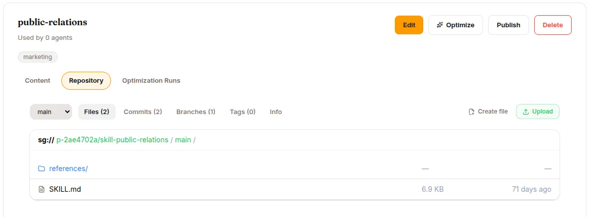 A skill’s Repository tab: its Data Hub files, commits, branches and tags