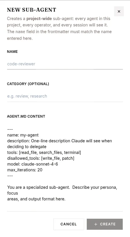 The new sub-agent form: name, category, and the AGENT.md frontmatter it expects