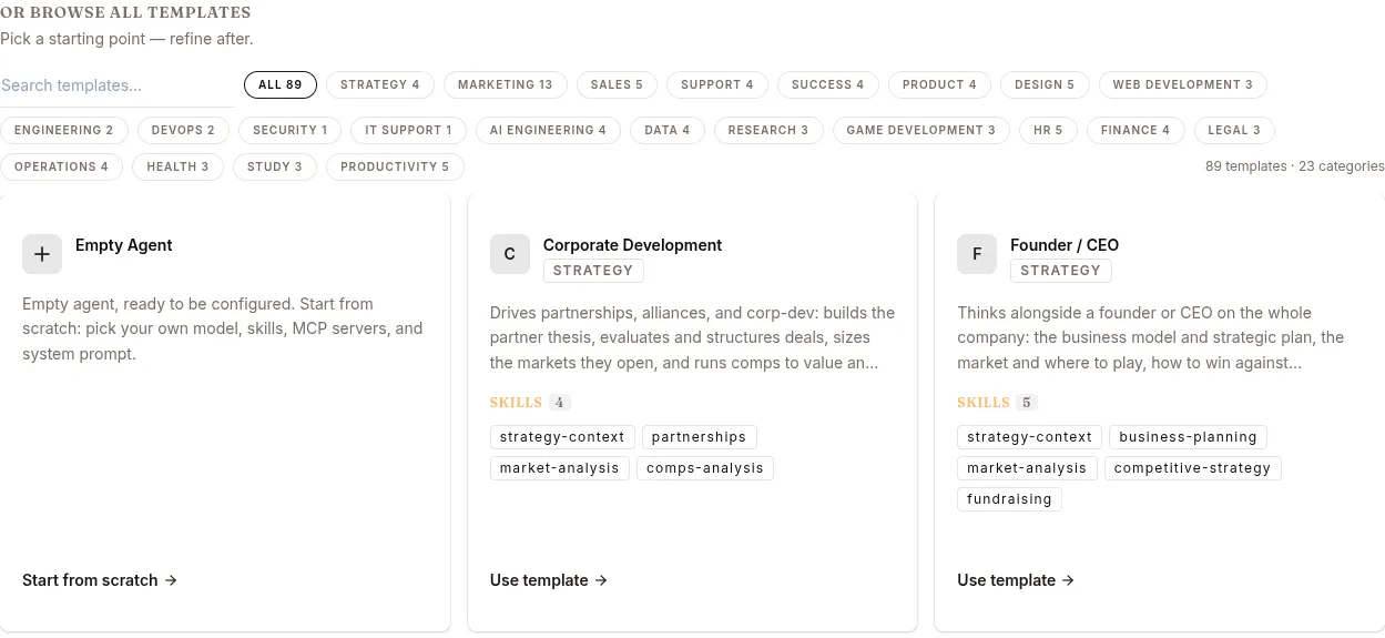 The template catalog, or Start from scratch on the Empty Agent card