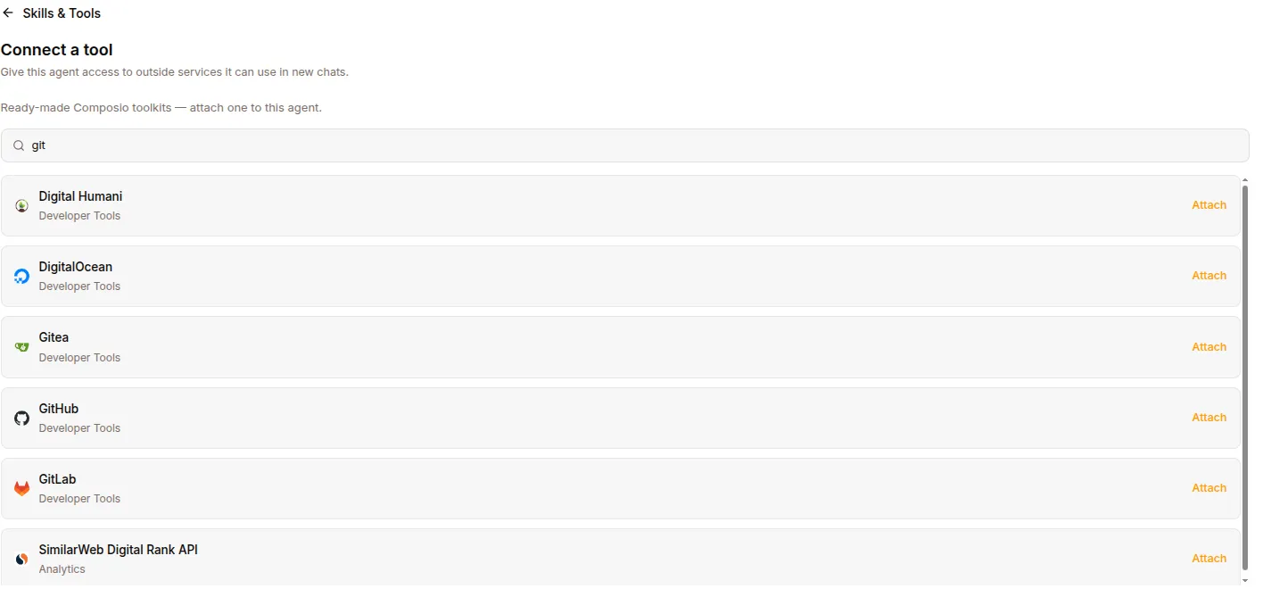 The Composio toolkit catalog, filtered by search